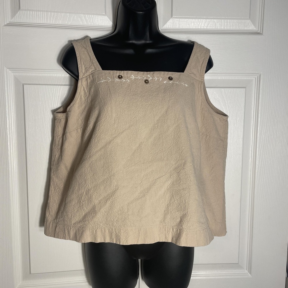 Vintage Graff Wear Tank Top Women Petite XL Beige 90s Embroidered‎ Boxy Shirt